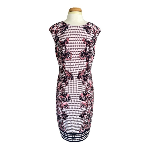 Vince Camuto Navy and Pink Cap Sleeves Patterned Midi Dress - Picture 1 of 4